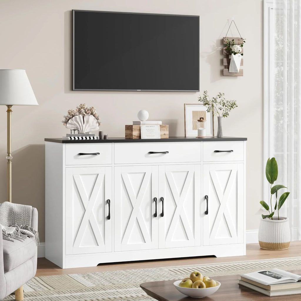HOSTACK Buffet Cabinet with Drawers, 55 Large Sideboard Buffet Storage Cabinet with Shelves and Doors, Modern Farmhouse Coffee Bar Station Wood Kitchen Table for Kitchen, Dining Room, White/Rustic