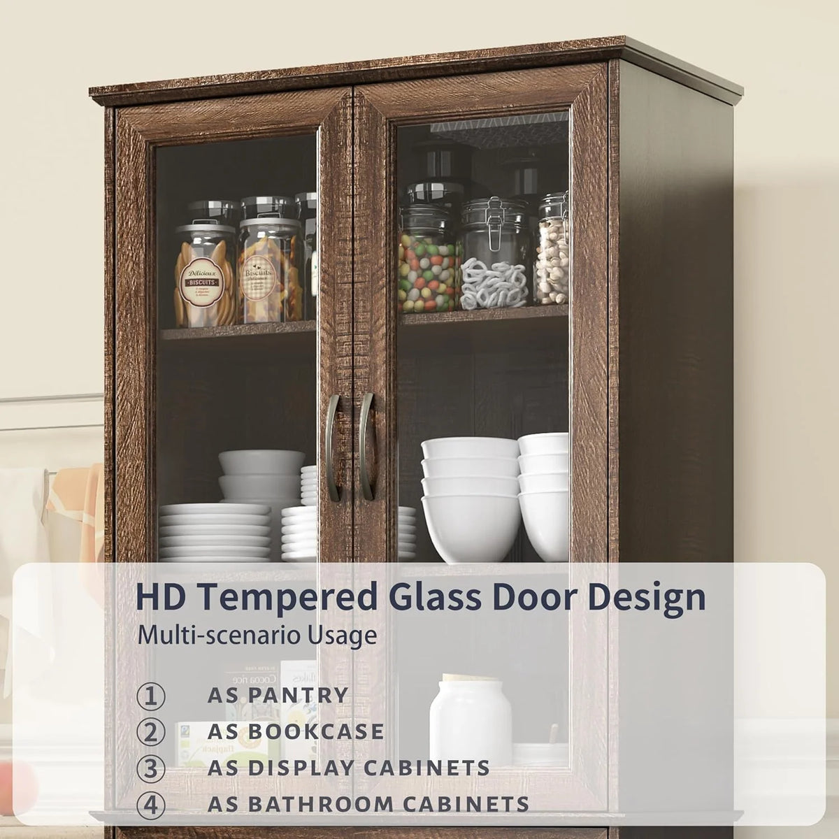 Kitchen Hutch Pantry Cabinet 71 Tall with Glass Doors
