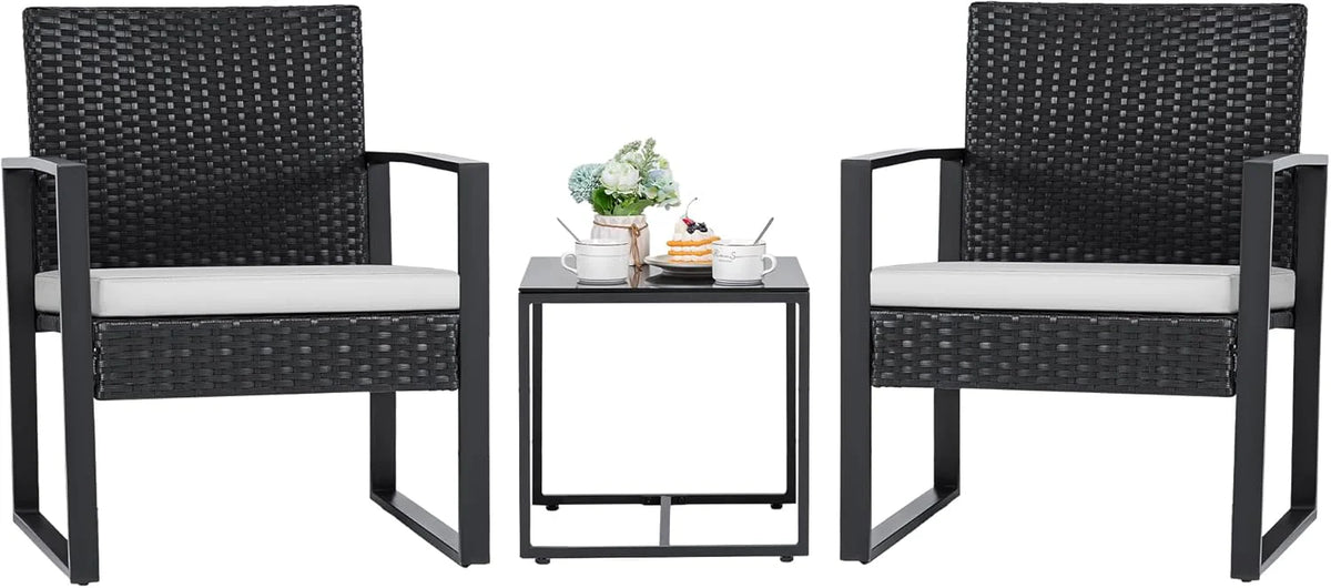 Flamaker 3 Pieces Patio Set Outdoor Wicker Furniture Sets Modern Rattan Chair Conversation Sets with Coffee Table for Yard and Bistro (Black)