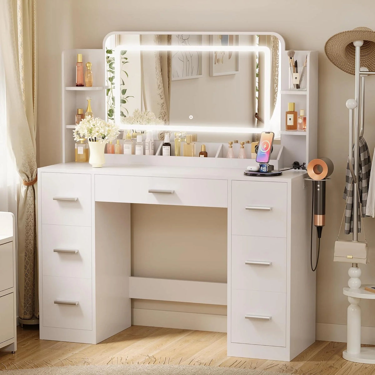 Furmax Vanity Desk with Mirror, LED Lights and Power Outlet Makeup Vanity Table