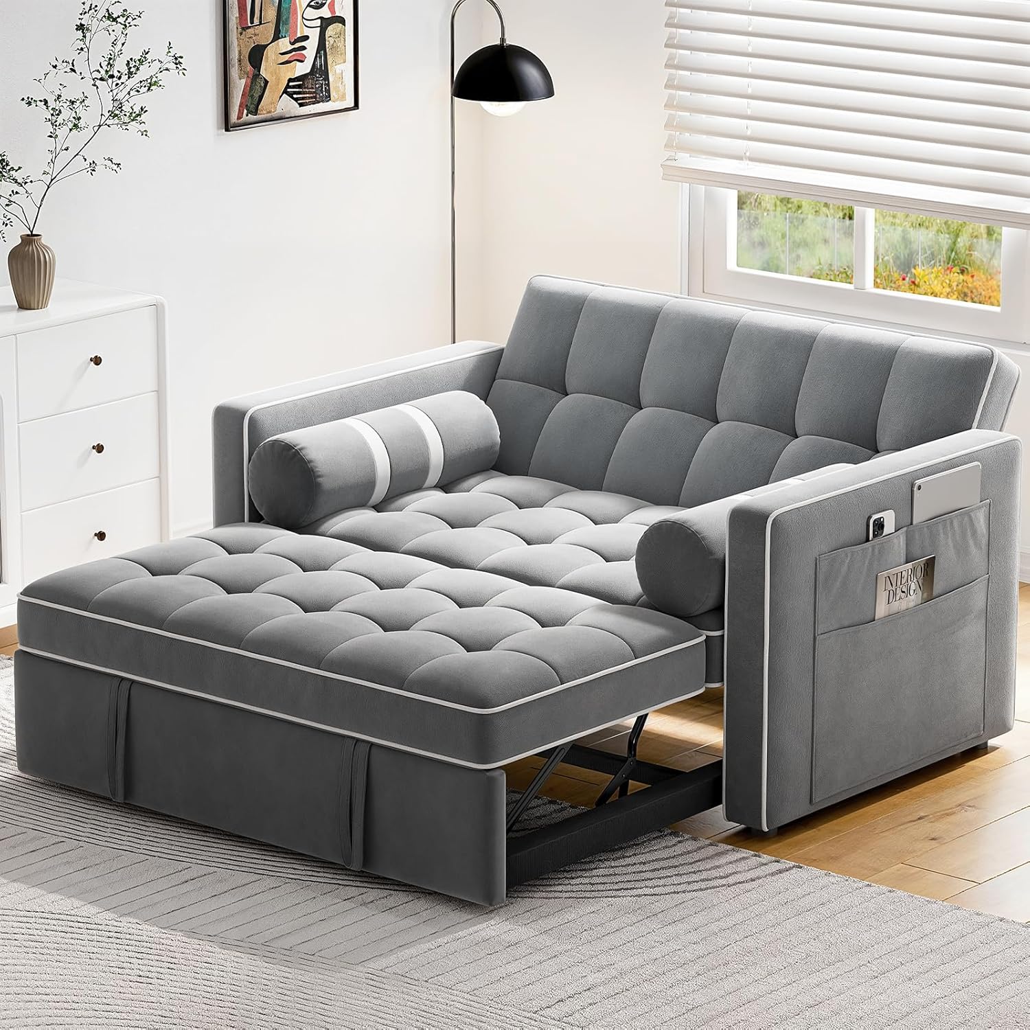 Pipishell 3 in 1 Convertible Sleeper Sofa Bed,Pull Out Couch for Living Room with USB Ports & Side Pockets,Adjustable Backrest,Velvet,Loveseat Sofa Bed,Futon Couches,Black