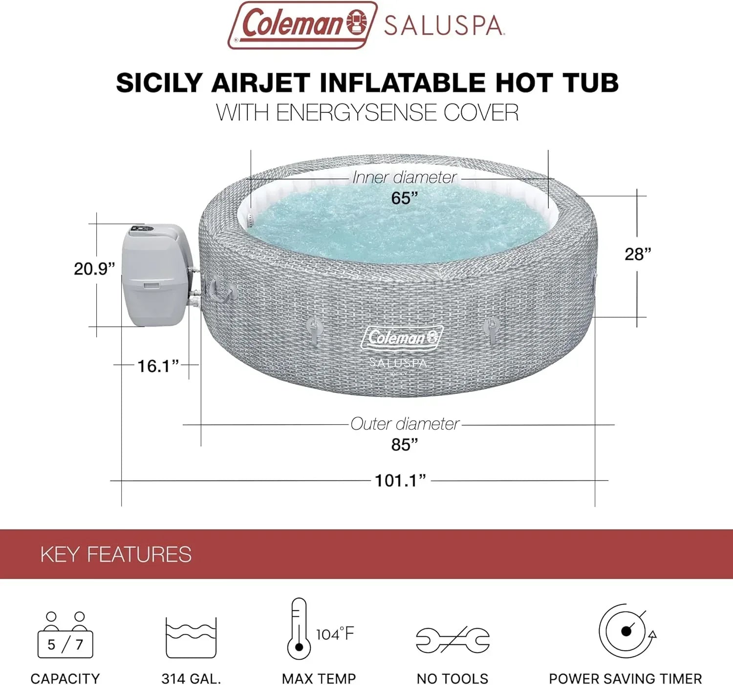 SaluSpa Sicily AirJet 7 Person Inflatable Hot Tub Round Portable Outdoor Spa 180 Soothing AirJets