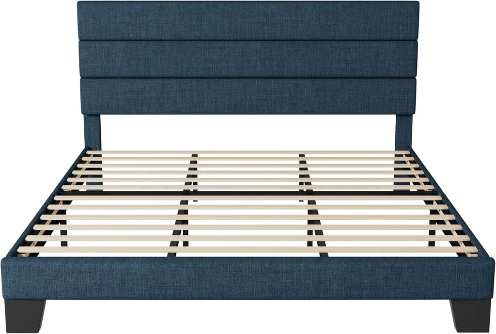Allewie Queen Size Platform Bed Frame Fabric Upholstered Headboard Wooden Slats Support