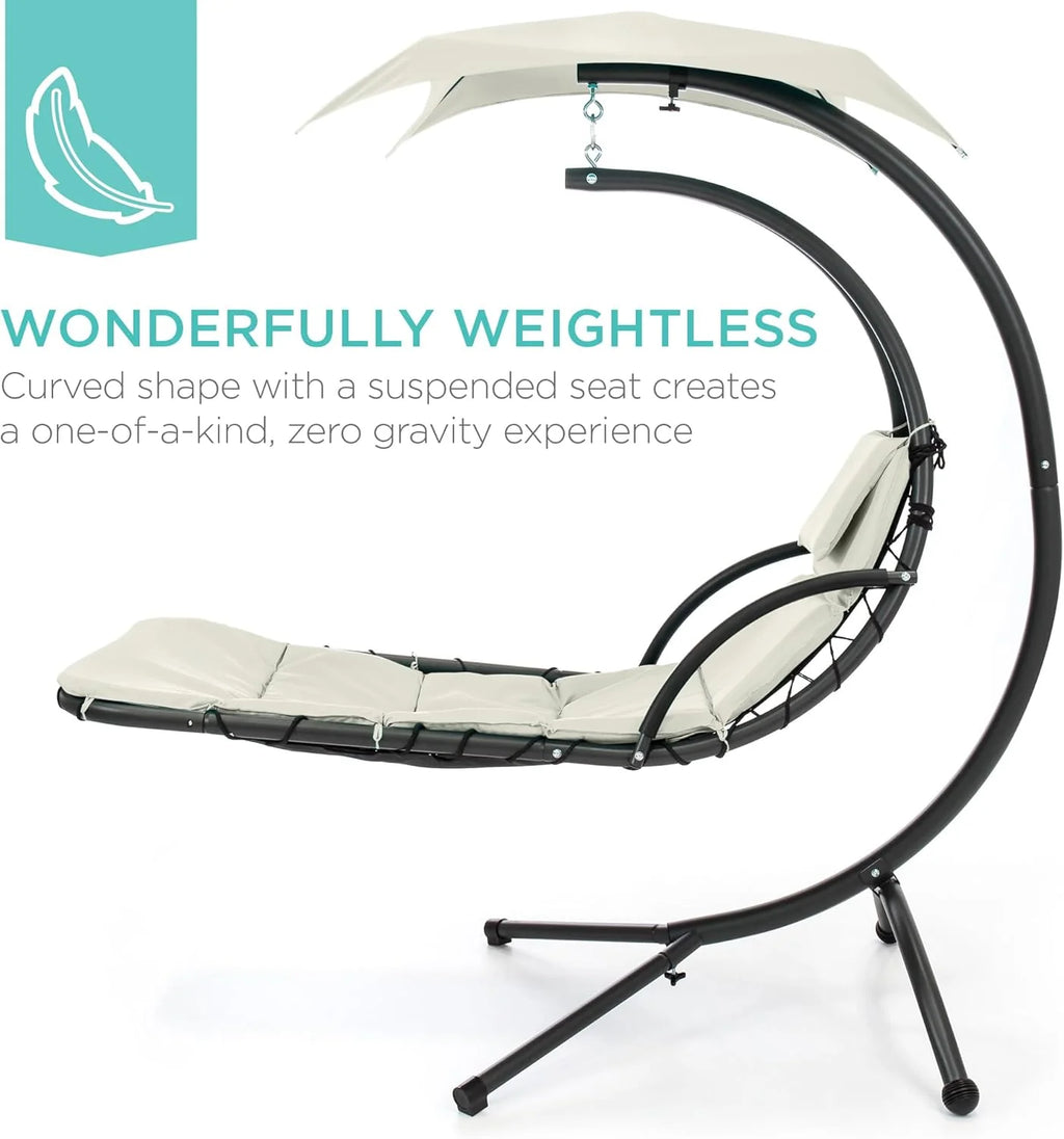 Best Choice Products Outdoor Hanging Curved Steel Chaise Lounge Chair Swing w/Built-in Pillow and Removable Canopy - Teal