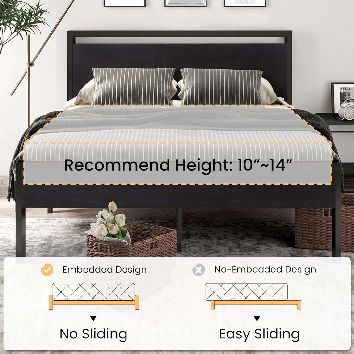 SHA CERLIN 14 Inch Full Size Metal Platform Bed Frame with Wooden Headboard and Footboard
