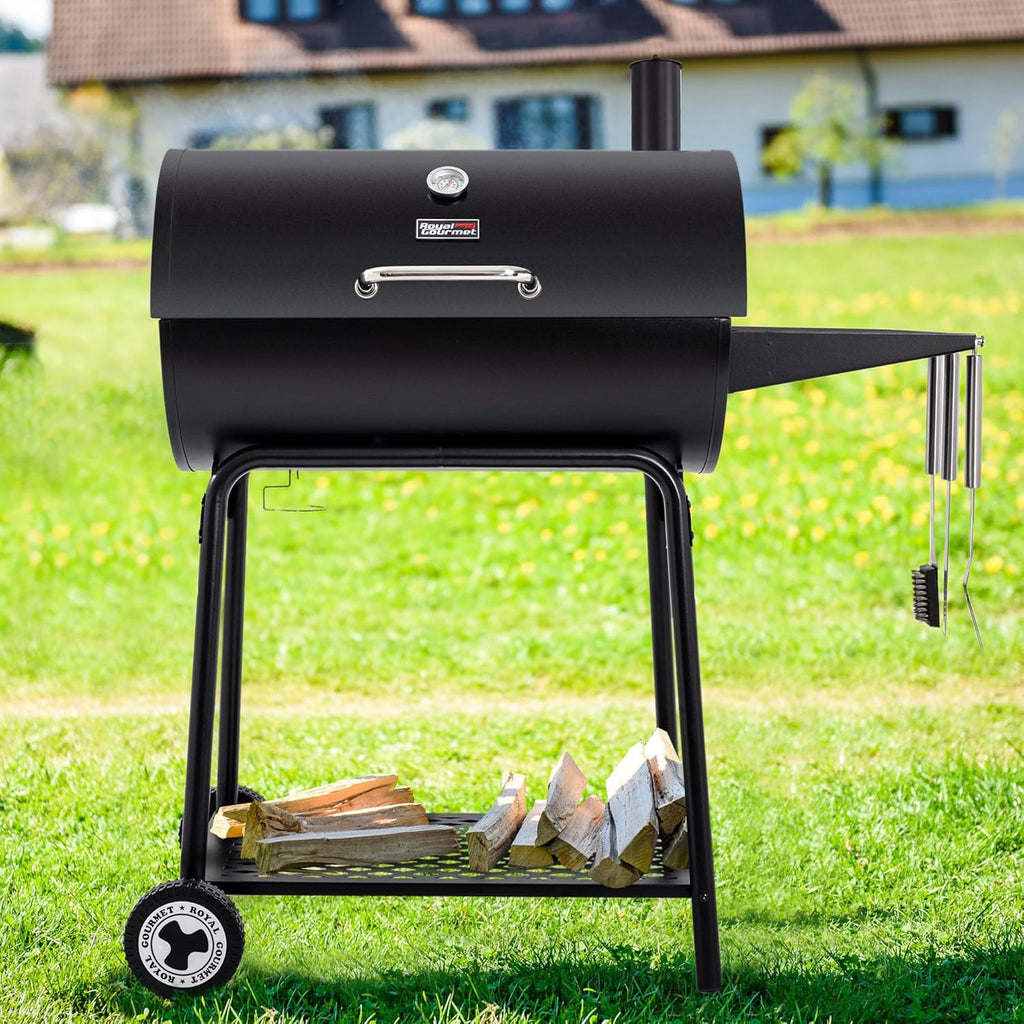 Royal Gourmet CC1830 30 Inch Barrel Charcoal Grill with Side Table, Outdoor BBQ Grill with 627 Sq. In. Cooking Space for Backyard, Patio and Parties, Black