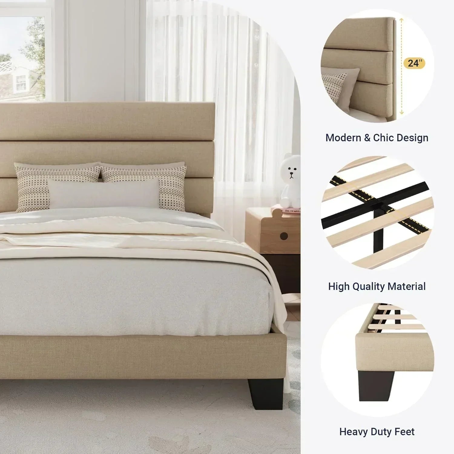 Allewie King size platform bed frame with velvet upholstered headboard and planks