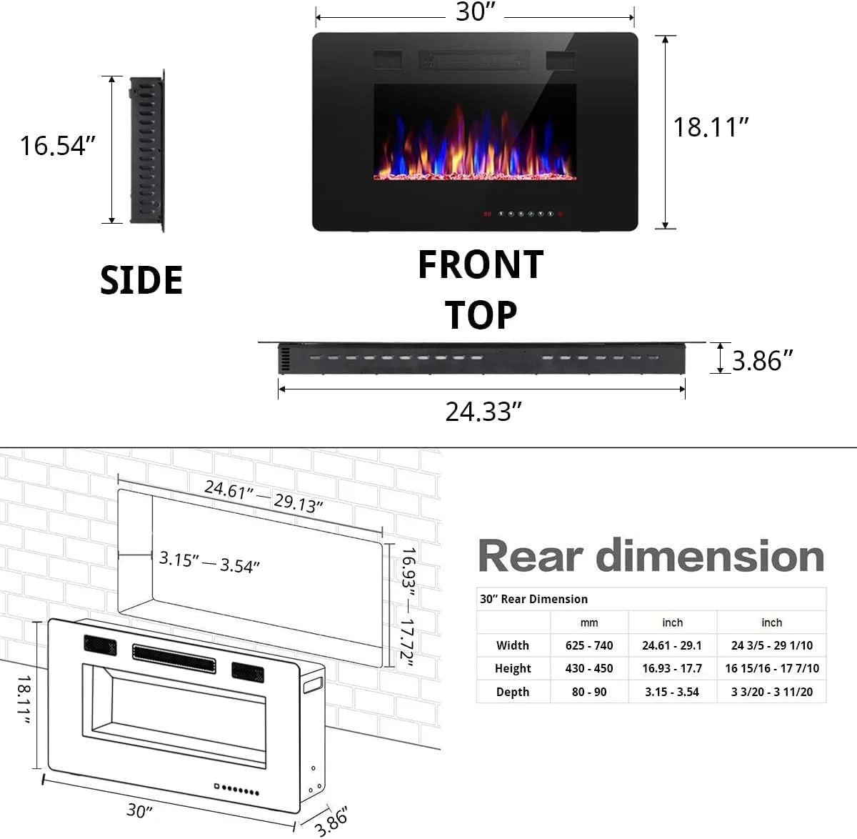 R.W.FLAME 60 Recessed and Wall Mounted Electric Fireplace, Low Noise, Fit for 2 x 6 Stud, Remote Control with Timer, Touch Screen, Adjustable Flame Color and Speed, 750-1500W