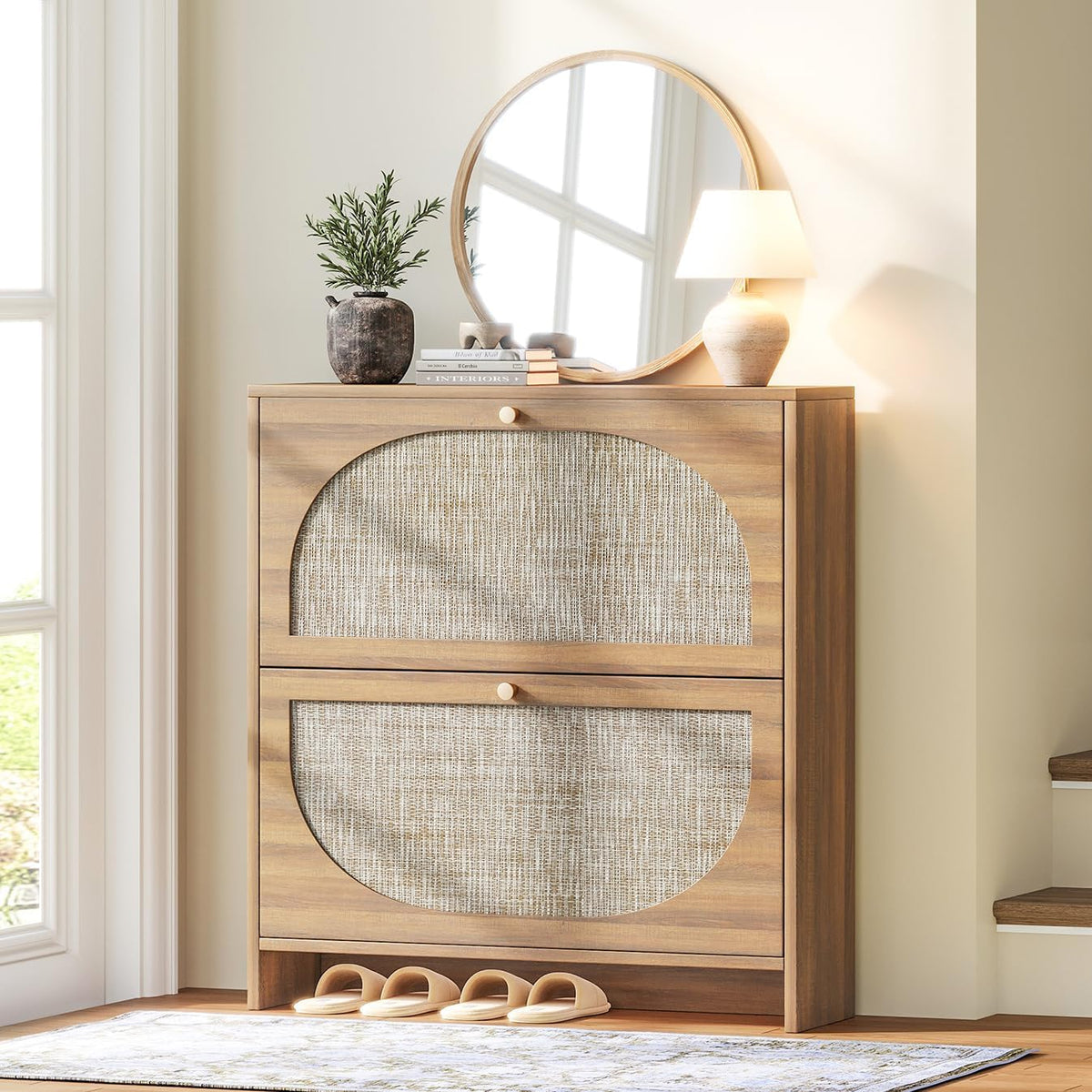 Nicetree Freestanding Ultra Slim Arched Rattan Accent Shoe Storage  Modern Rustic Shoe Rack