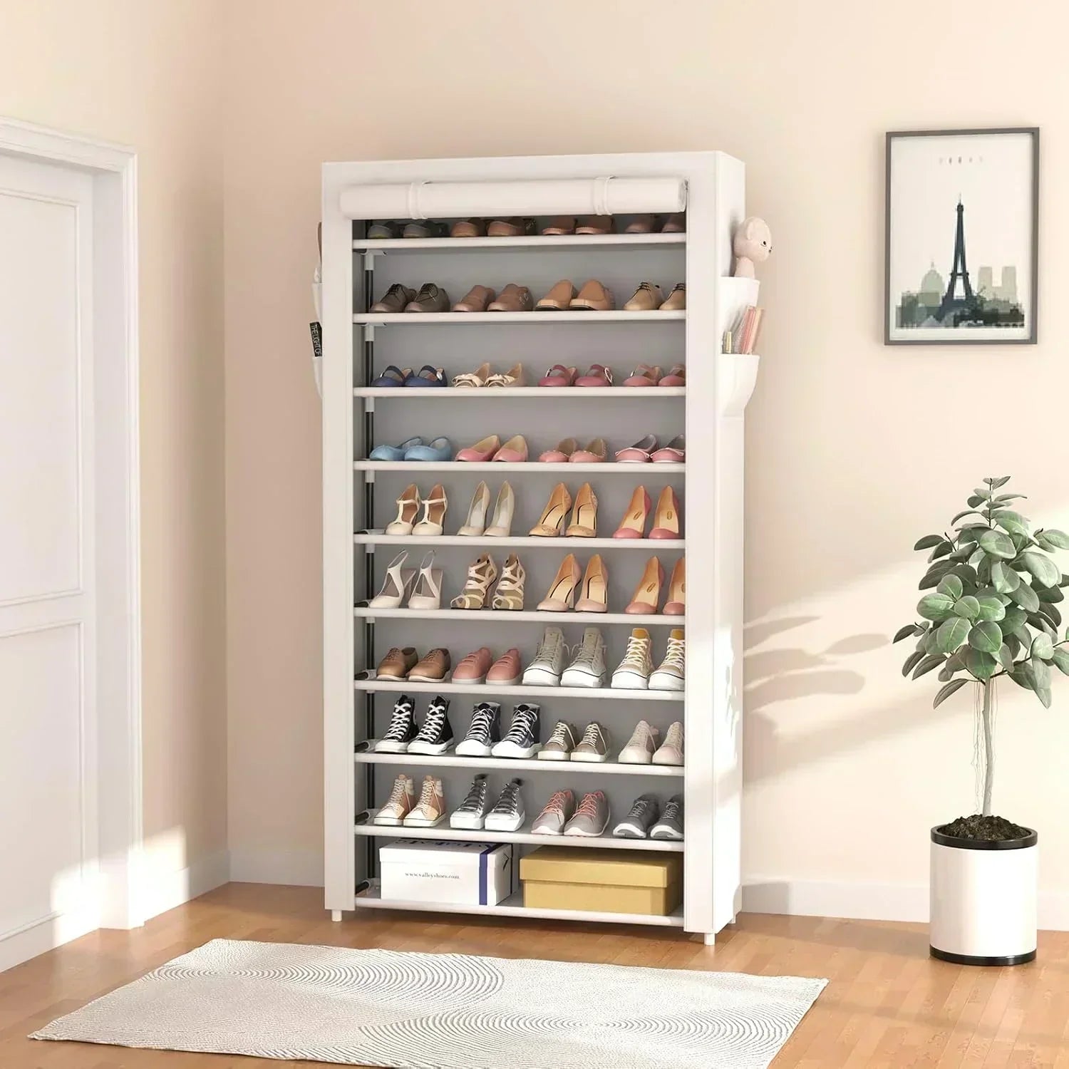 ROJASOP 10 Tier Shoe Rack with Covers Large Capacity Stackable Tall Shoe Shelf Storage