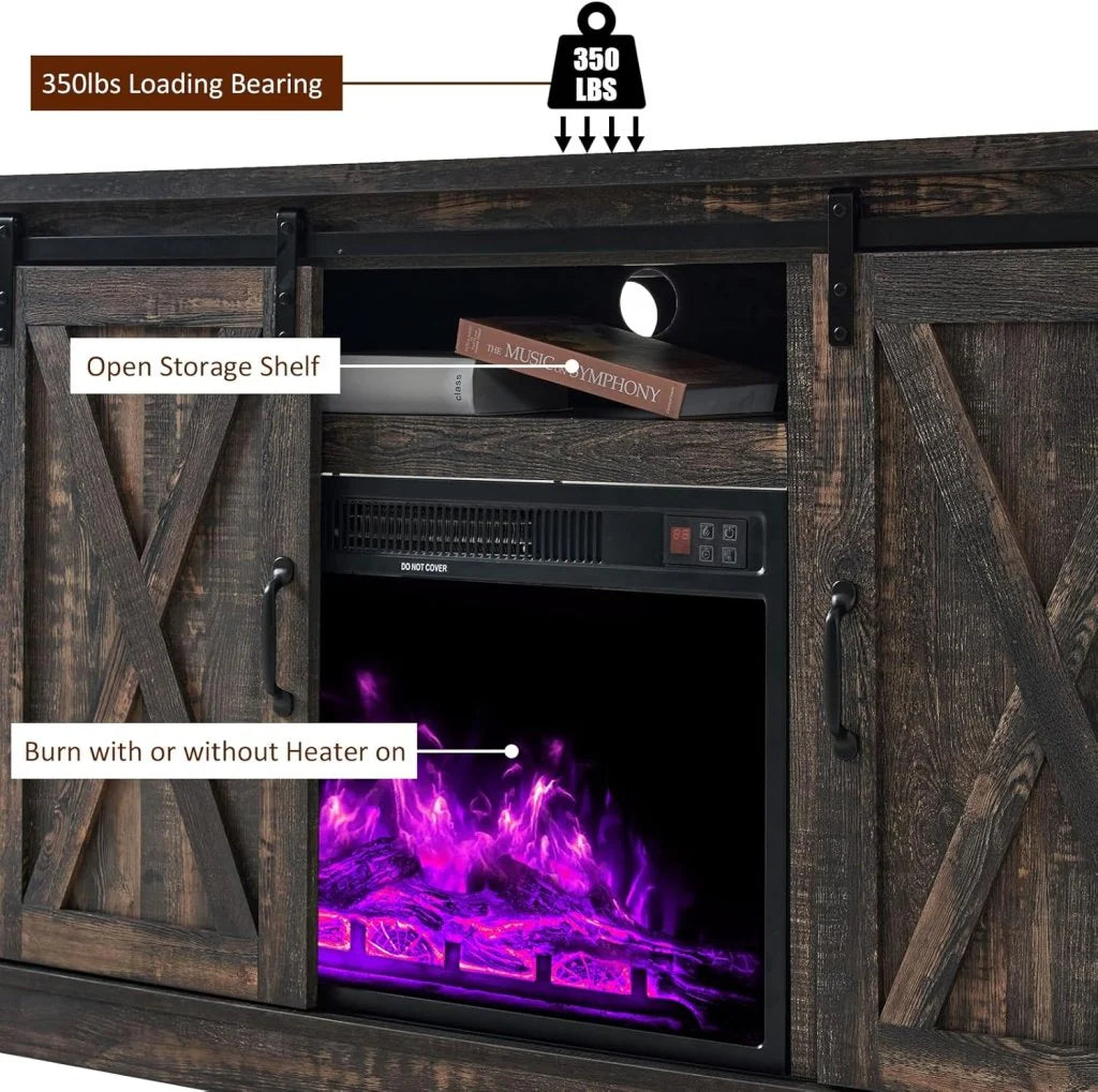 AMERLIFE Fireplace TV Stand with Sliding Barn Door for TVs up to 73, Farmhouse 63 Fireplace Entertainment Center with Storage Cabinets/Adjustable Shelves