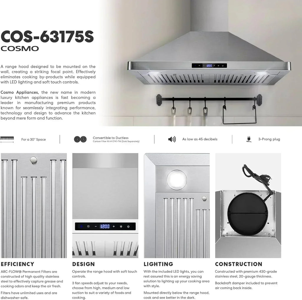 COSMO 30 Vista Series 380 CFM Ducted Wall-Mount Range Hood