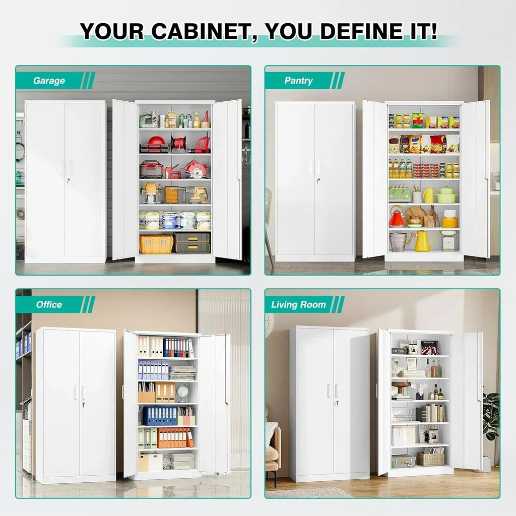 Metal Storage Cabinet with 2 Doors and 6 Shelves Black Metal Cabinet Garage Storage Cabinet
