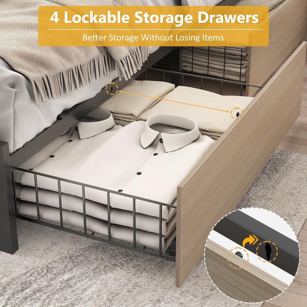 Lifezone Queen Bed Frame 2-Tier Storage Headboard Metal Platform Bed Frame 4 Storage Drawers