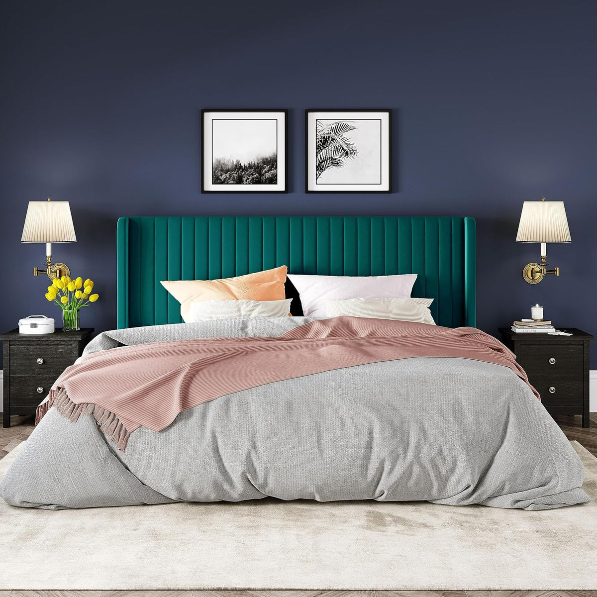 Allewie Full Size Velvet Bed Frame Vertical Channel Tufted Wingback Headboard Upholstered Bed