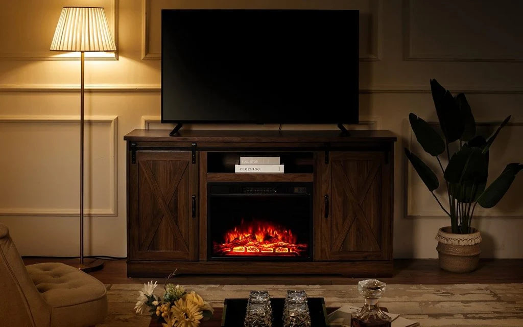 AMERLIFE Fireplace TV Stand with Sliding Barn Door for TVs up to 73, Farmhouse 63 Fireplace Entertainment Center with Storage Cabinets/Adjustable Shelves