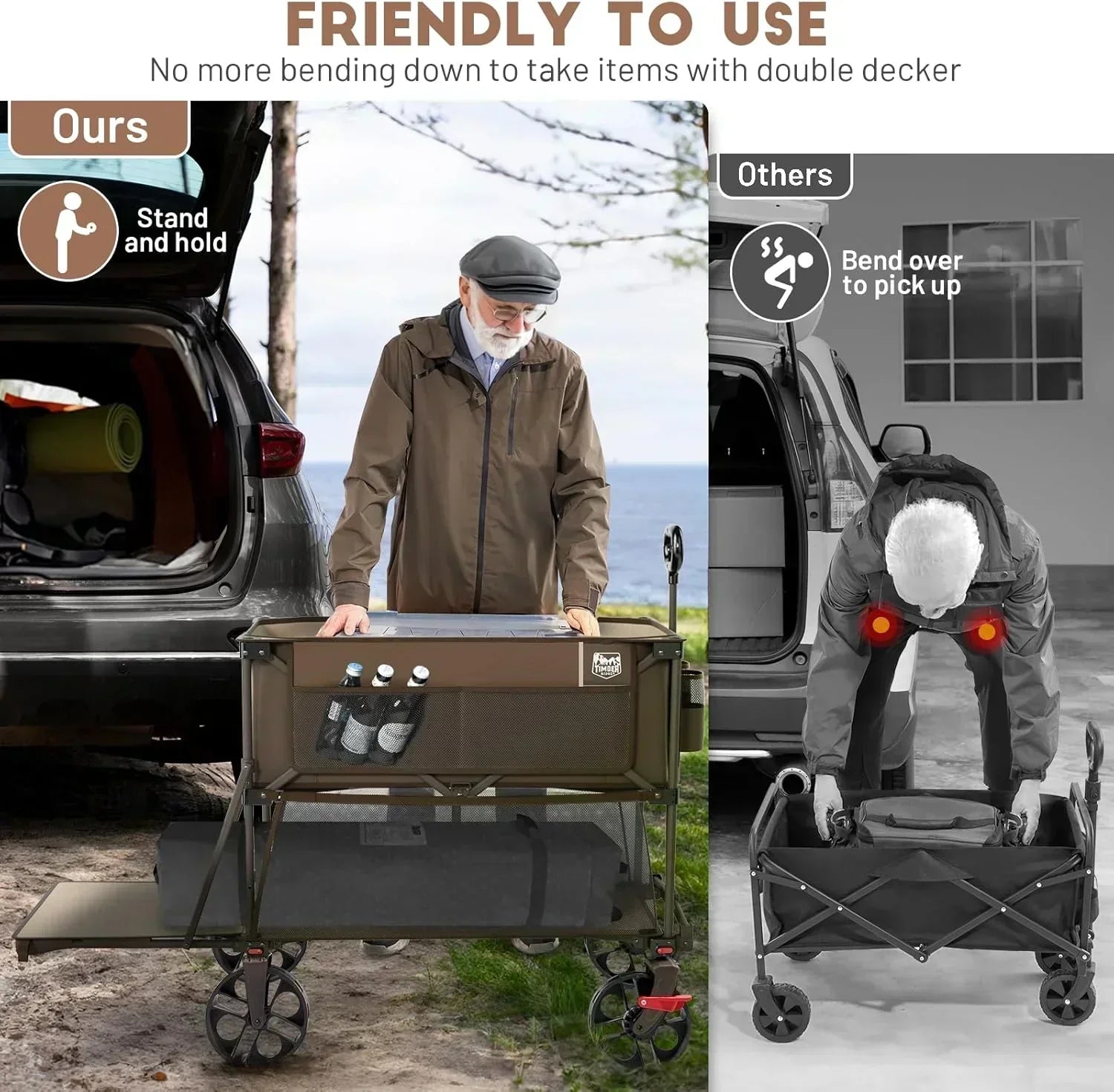 400L Large Capacity Folding Double Decker Cart with Brakes 54 Inch Extra Long Extended Cart