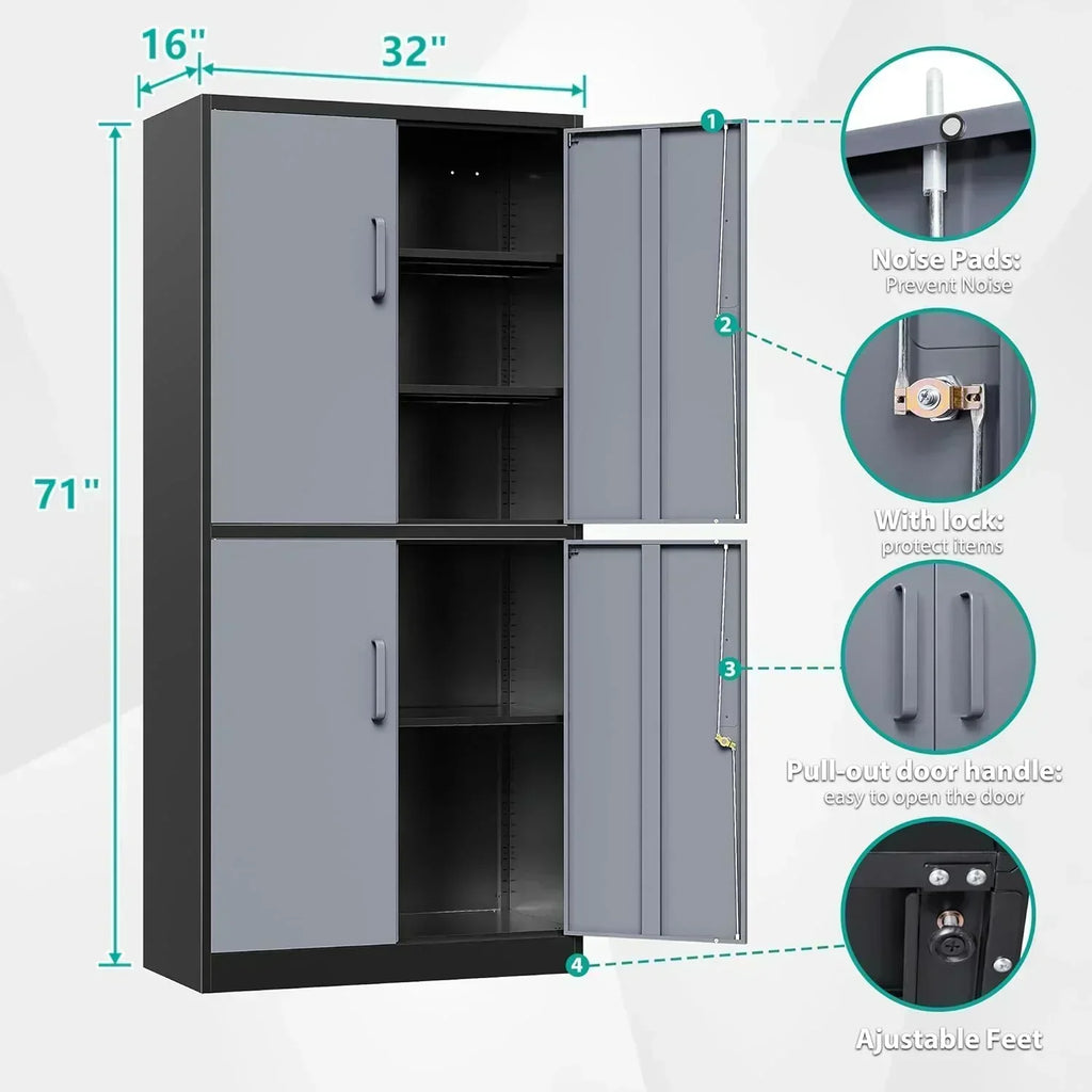 Metal Storage Cabinet with 2 Doors and 6 Shelves Black Metal Cabinet Garage Storage Cabinet