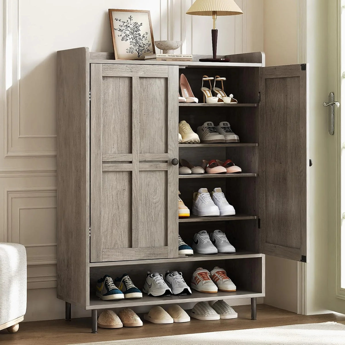 Black 7+1 Tier Farmhouse Shoe Storage Cabinet - 45 Tall Entryway Organizer