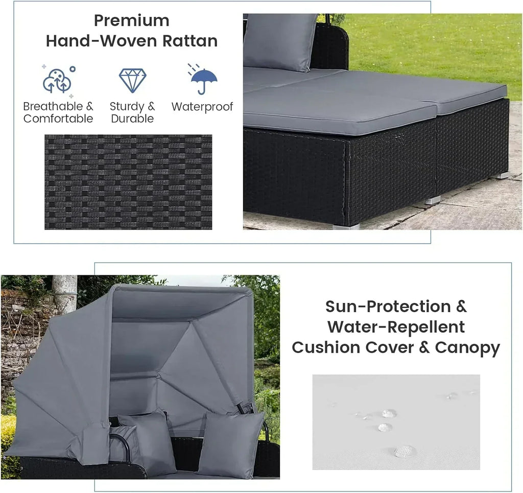 RELAX4LIFE Patio Outdoor Daybed with Canopy Wicker Sunbed Cushions 4 Pillows