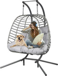 HWB Hanging Egg Chair with Stand Patio Wicker Hammock Egg Swing Chair Cushion for Bedroom