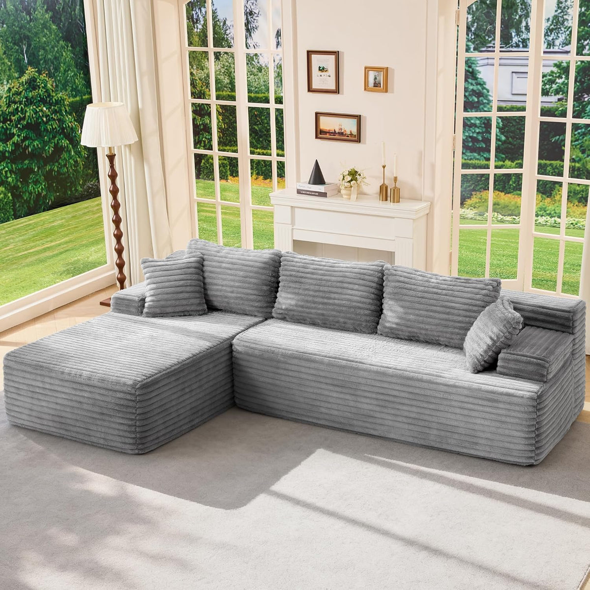 Modular Sectional Sofa Couches L-Shape Couch 3 Seat Modular Sofa Memory Foam Sectional Couches for Living Room, Cloud Couch with Oversized Chaise (Grey Stripe, 96 Left Facing Chaise)