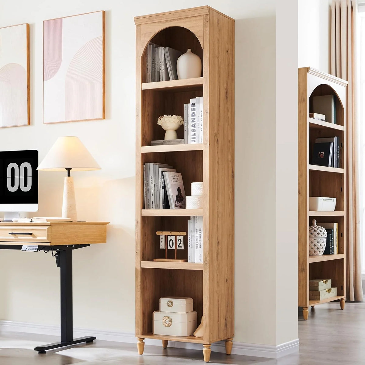 IFGET 76 Tall Arched Bookcase Farmhouse 5 Tiers Large Arched Bookshelf Cabinet Adjustable Shelves