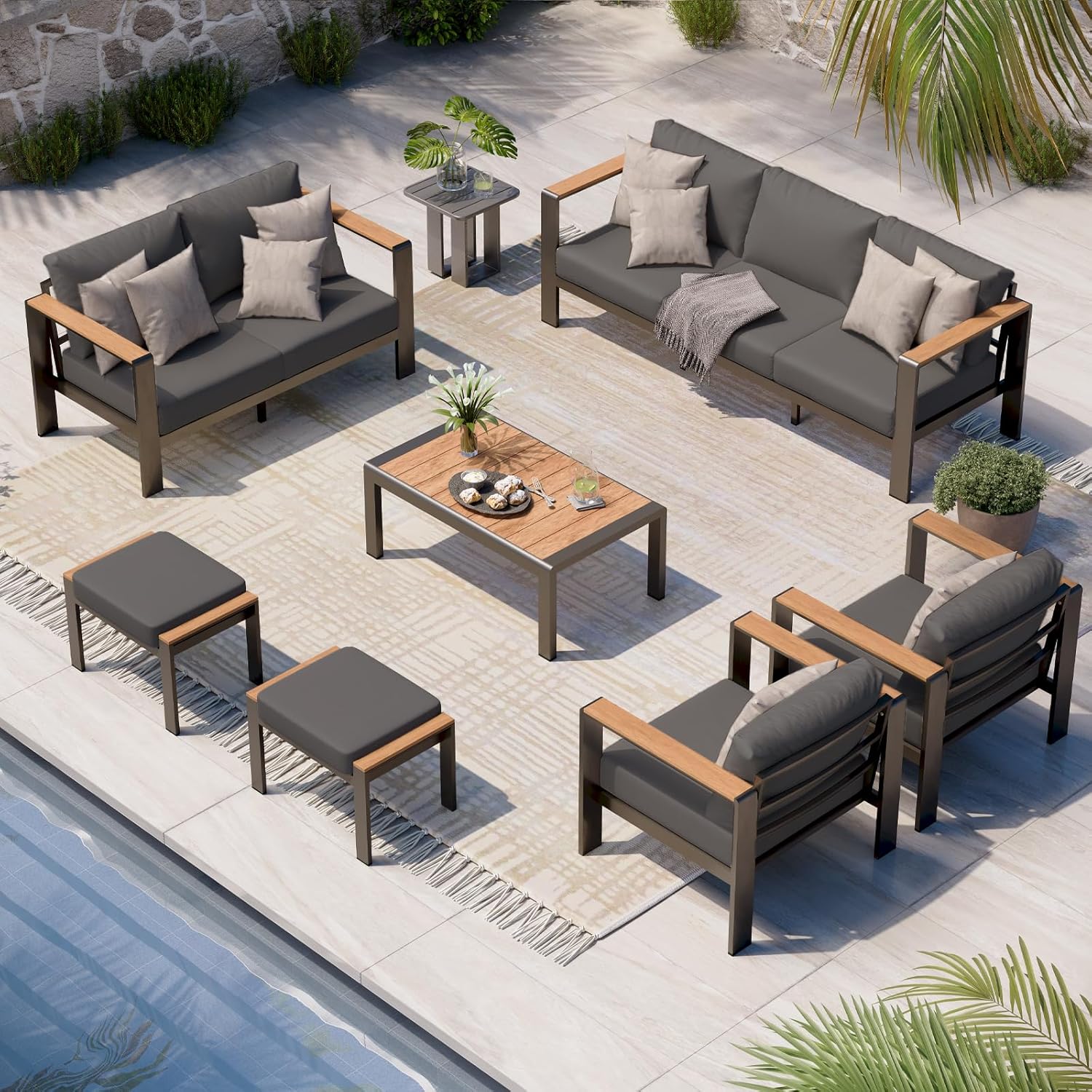 Aluminum Outdoor Patio Furniture Set with Coffee Table, 5 Piece Patio Conversation Sets, Outdoor Sectional Furniture for Porch, Balcony, Yard, Gray