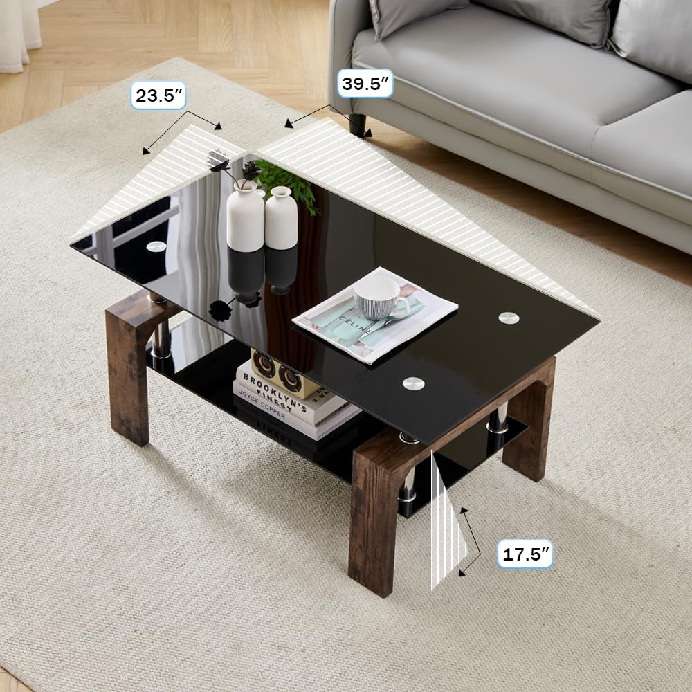 Living Room Rectangle Coffee Table, Tea Table Suitable for Waiting Room, Modern Side Coffee Table with Wooden Leg, Glass Tabletop