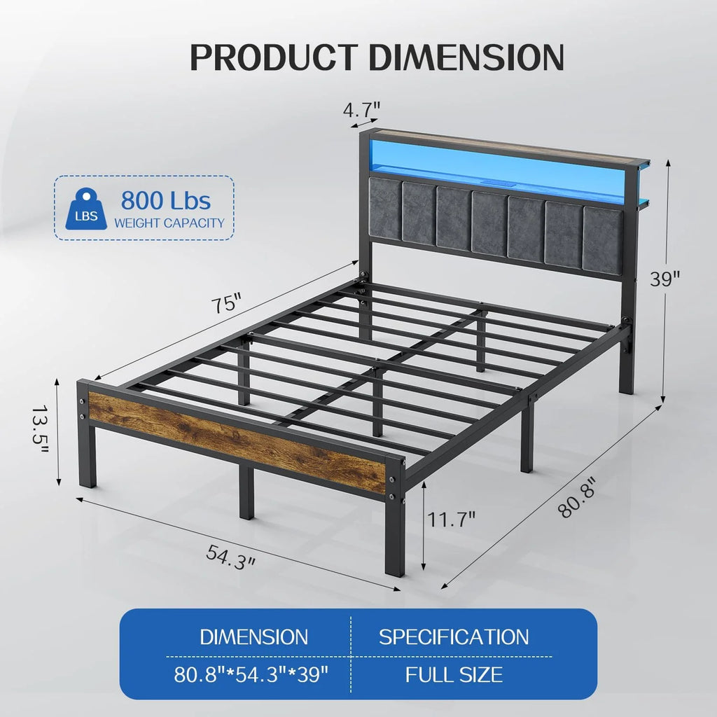 Queen Size Bed Frame with 2-Tier Storage Shelves Headboard Platform Bed Charging Station