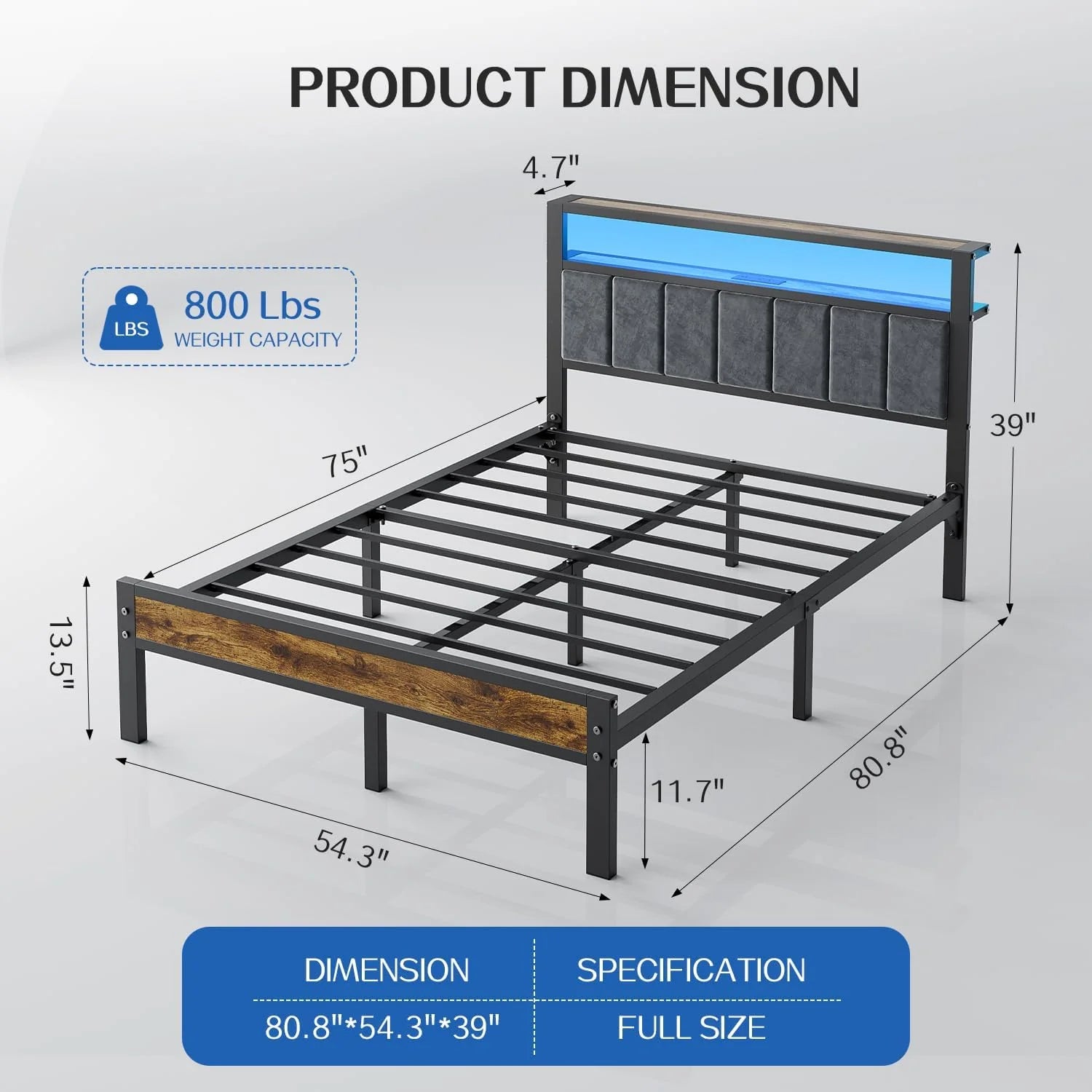 Queen Size Bed Frame with 2-Tier Storage Shelves Headboard Platform Bed Charging Station