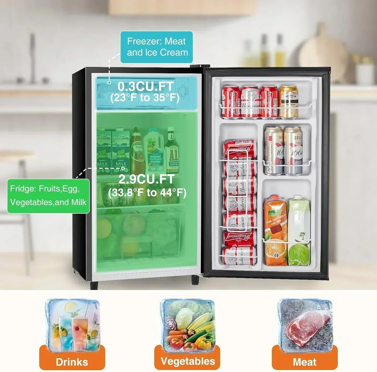 Sweetcrispy 3.2 Cu.Ft Mini Fridge Freezer Small Refrigerator Single Door Adjustable Thermostat
