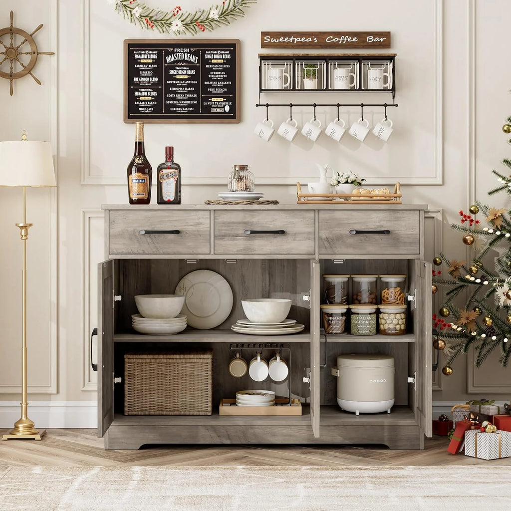Modern farmhouse sideboard, barn door buffet storage cabinet with drawers and shelves, wooden coffee bar with storage