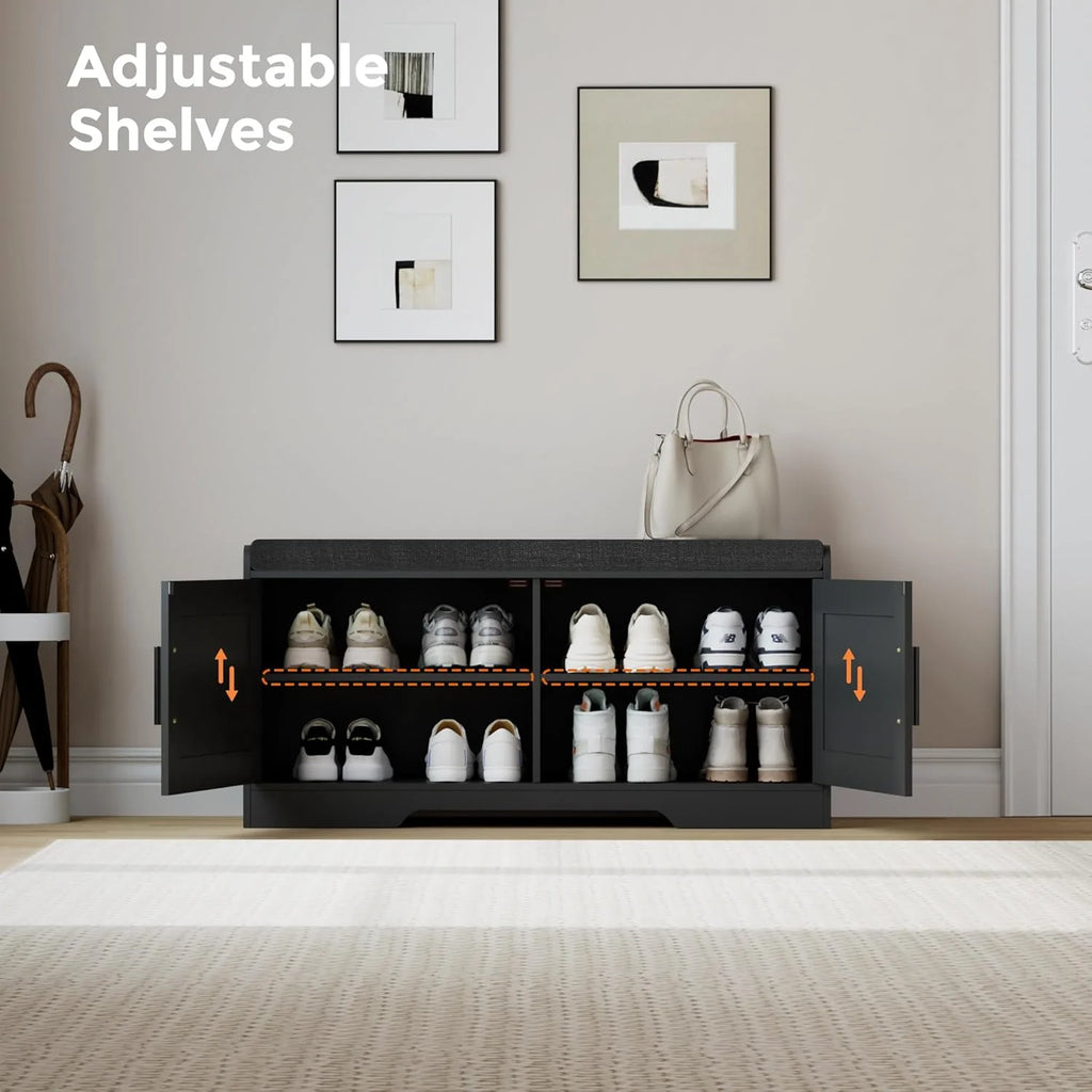 2-Tier Storage Bench, Shoe Bench with Thickened Padded Seat Cushion, Entryway Bench with 4 Doors, Adjustable Shelf, 13.8 D x 45.3 W x 18.5 H, for Entryway, Living Room, Bedroom, White