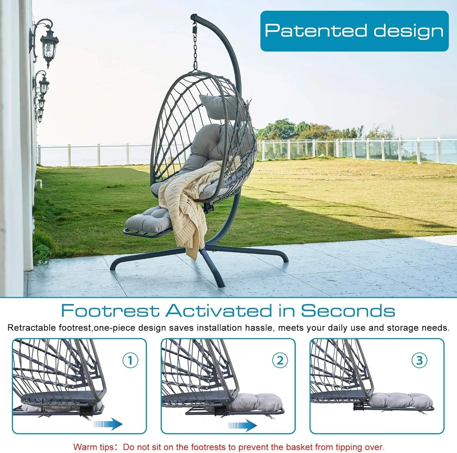 Hanging Egg Chair Stand Leg Rest Rattan Wicker Swing Hammock Chair UV-Resistant Cushion