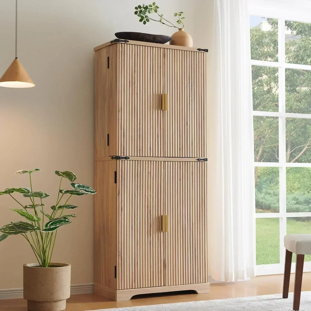 Fluted Pantry Cabinet 72 Tall Modern Storage Cabinet with 4 Doors Organizer Drawer
