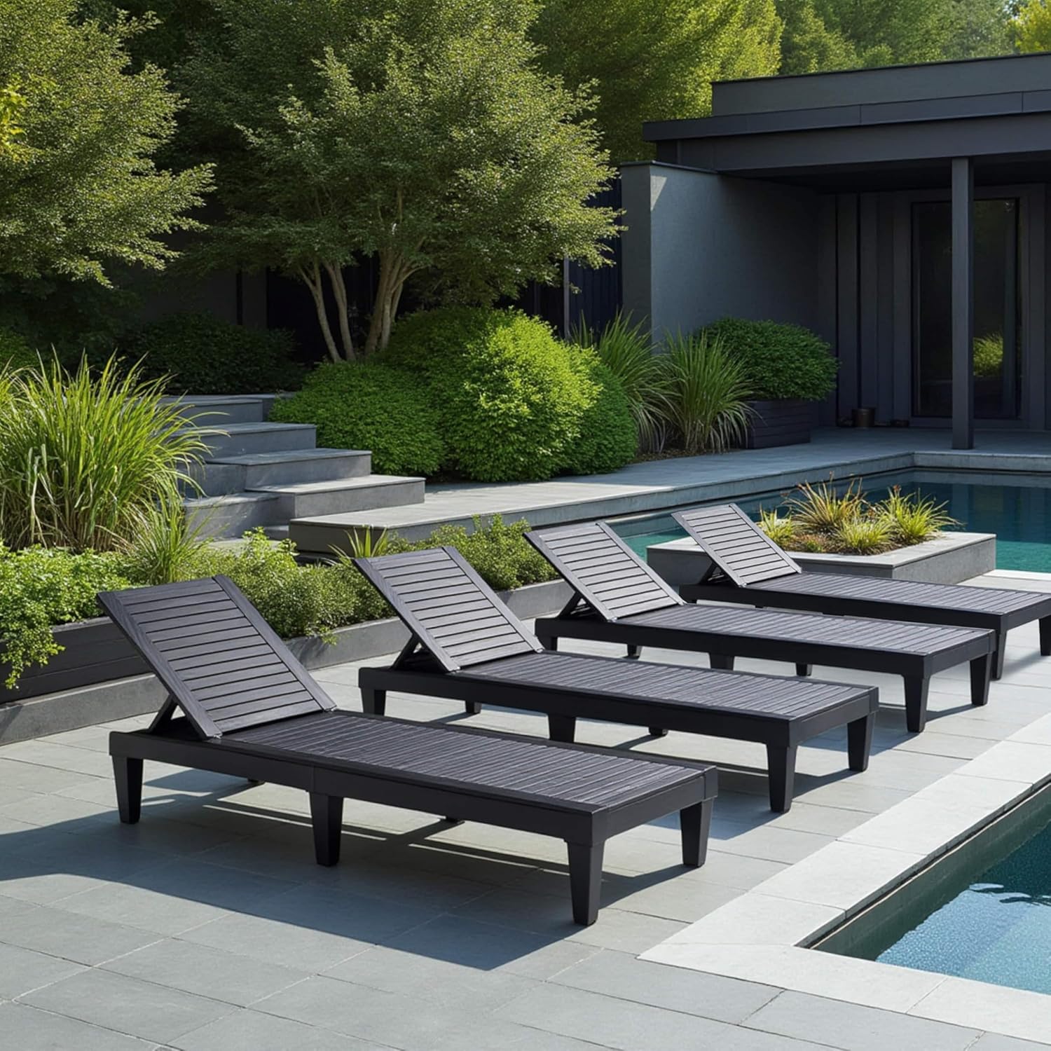 Patio Chairs - Black Chaise Lounge Chair Outdoor 5-Position Adjustable Sun Tanning Chair Waterproof Pool Lounge Chairs Set of 2 Reclining Lawn Chair, Lightweight Outdoor Lounge Chairs