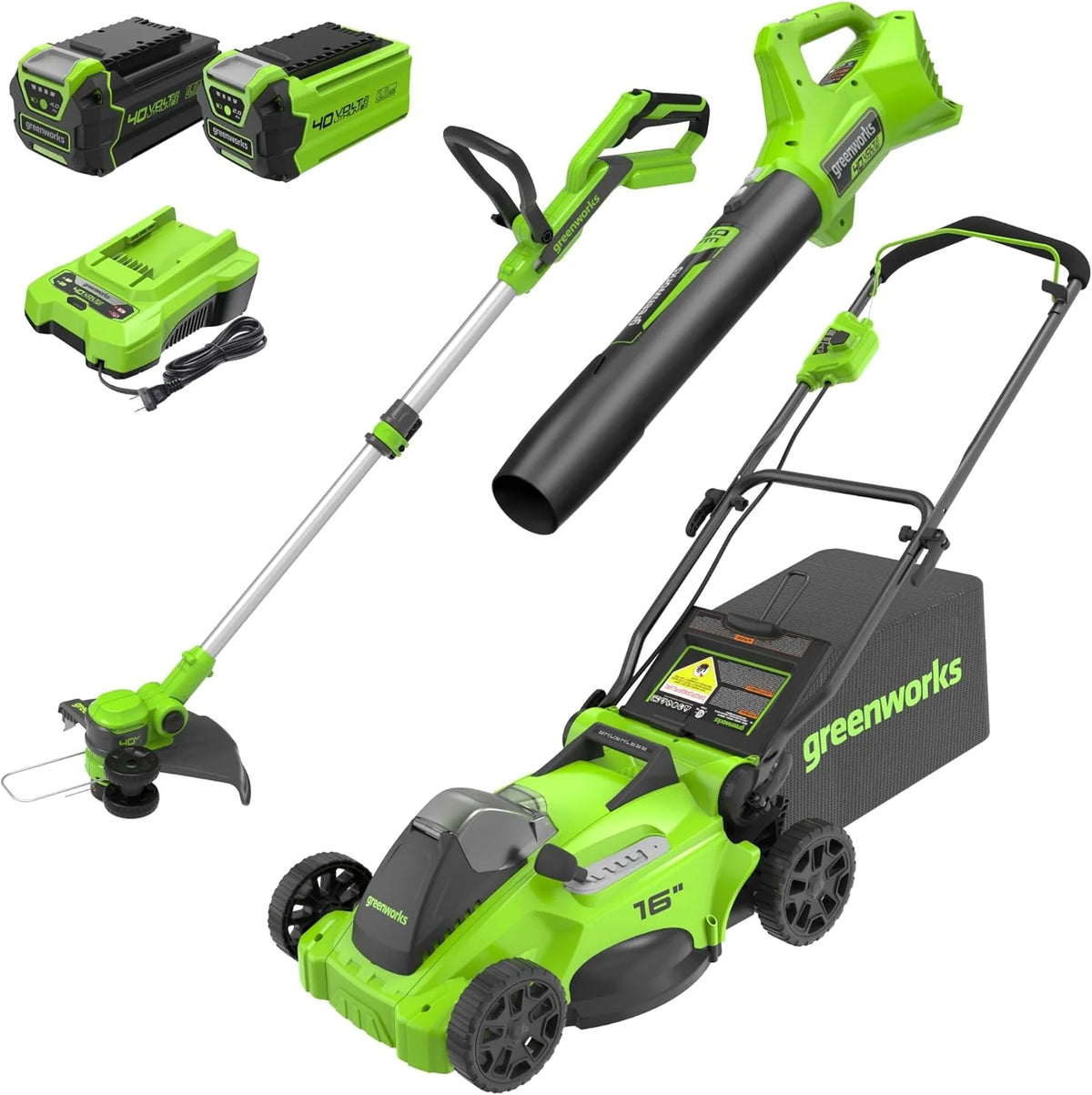 Greenworks 40V 16 Brushless Cordless (Push) Lawn Mower Blower (350 CFM) 13 String Trimmer