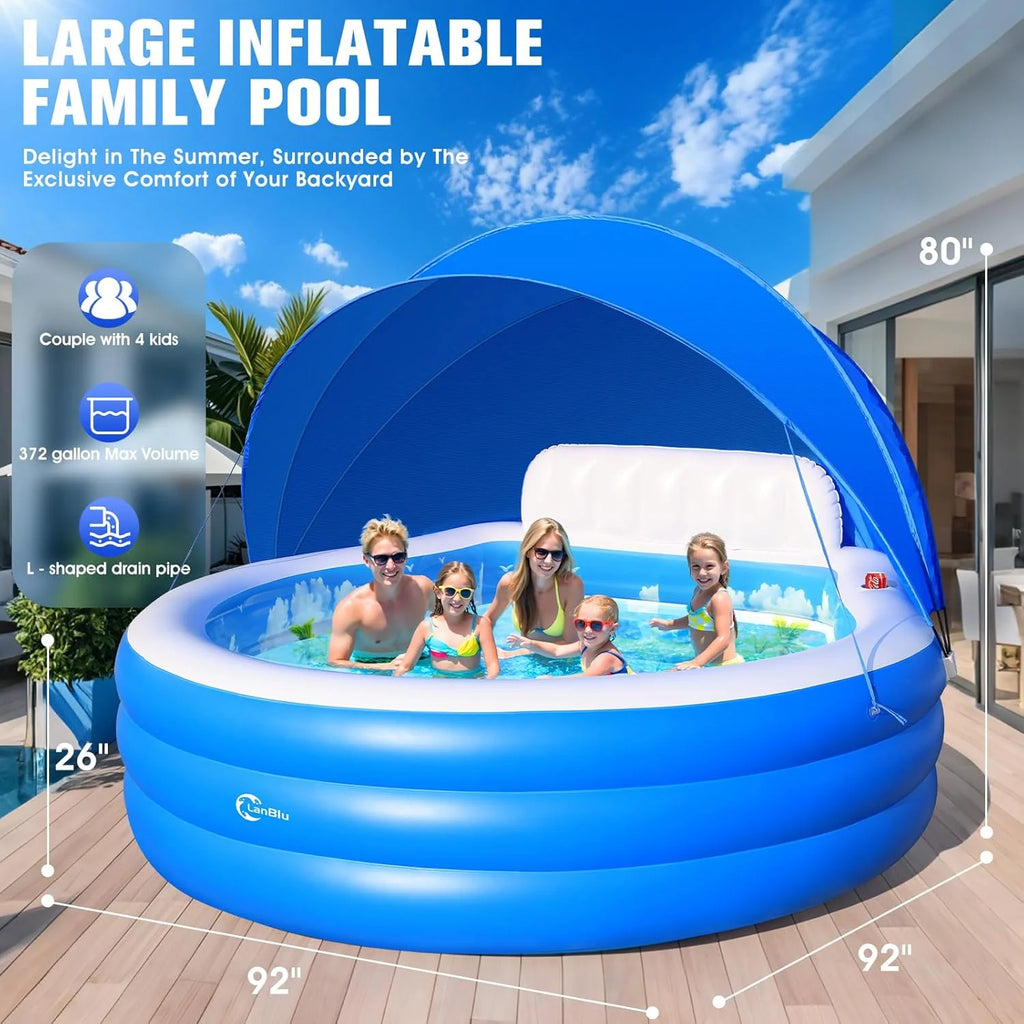 2025 Upgraded Inflatable Pool with Canopy, Inflatable Family Lounge Pool, Round Blow Up Pool for Adult with Bench & Backrest, Swim Center Easy Backyard Pools for Kids & Adults, 92x92x26, Blue