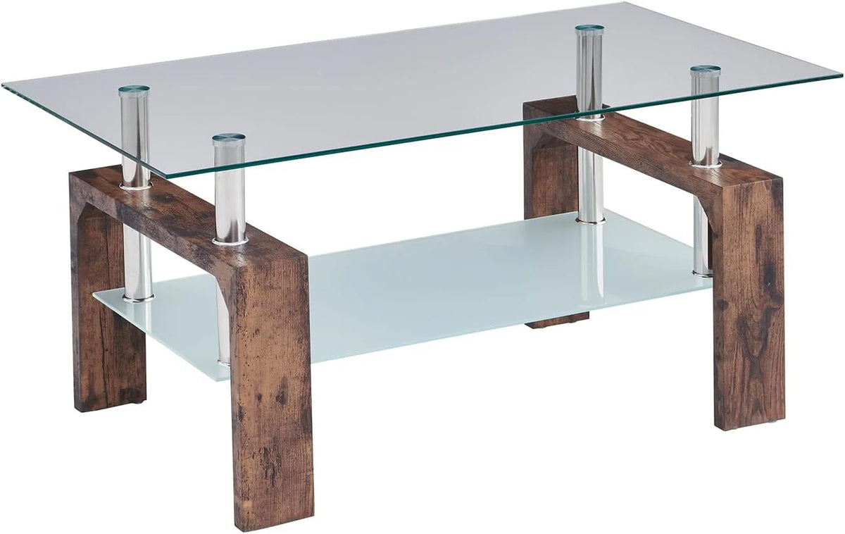 Living Room Rectangle Coffee Table, Tea Table Suitable for Waiting Room, Modern Side Coffee Table with Wooden Leg, Glass Tabletop