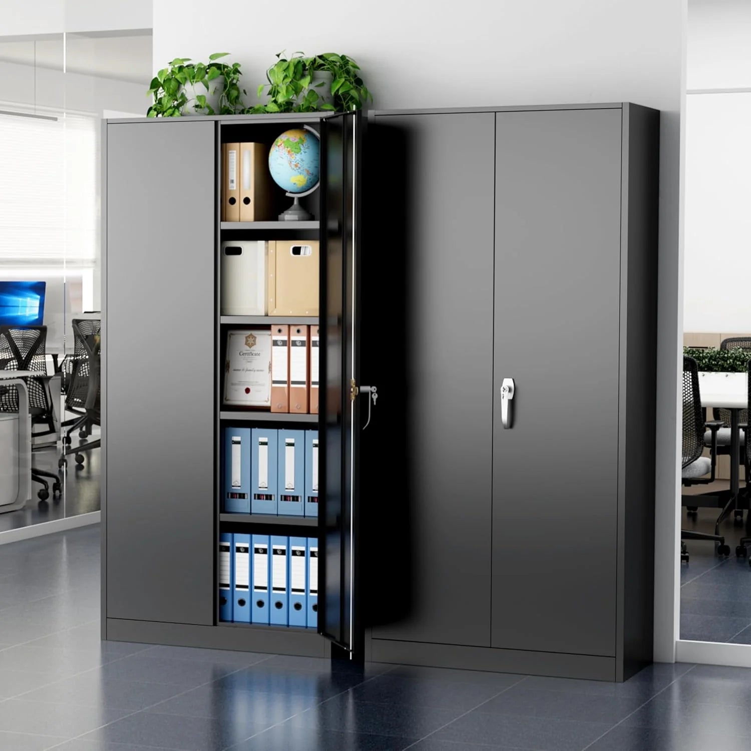 Greenvelly Metal Storage Cabinet, 72 Black Locking Metal Cabinet with 2 Doors and 4 Adjustable Shelves, Lockable Garage Storage Cabinets for Home Office, Garage, Kitchen, Living Room