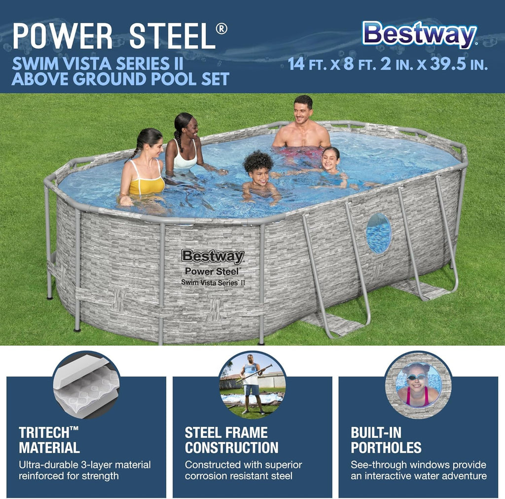 Power Steel Swim Vista Series II 14' x 8' 2 x 39.5 Above Ground Outdoor Swimming Pool Set