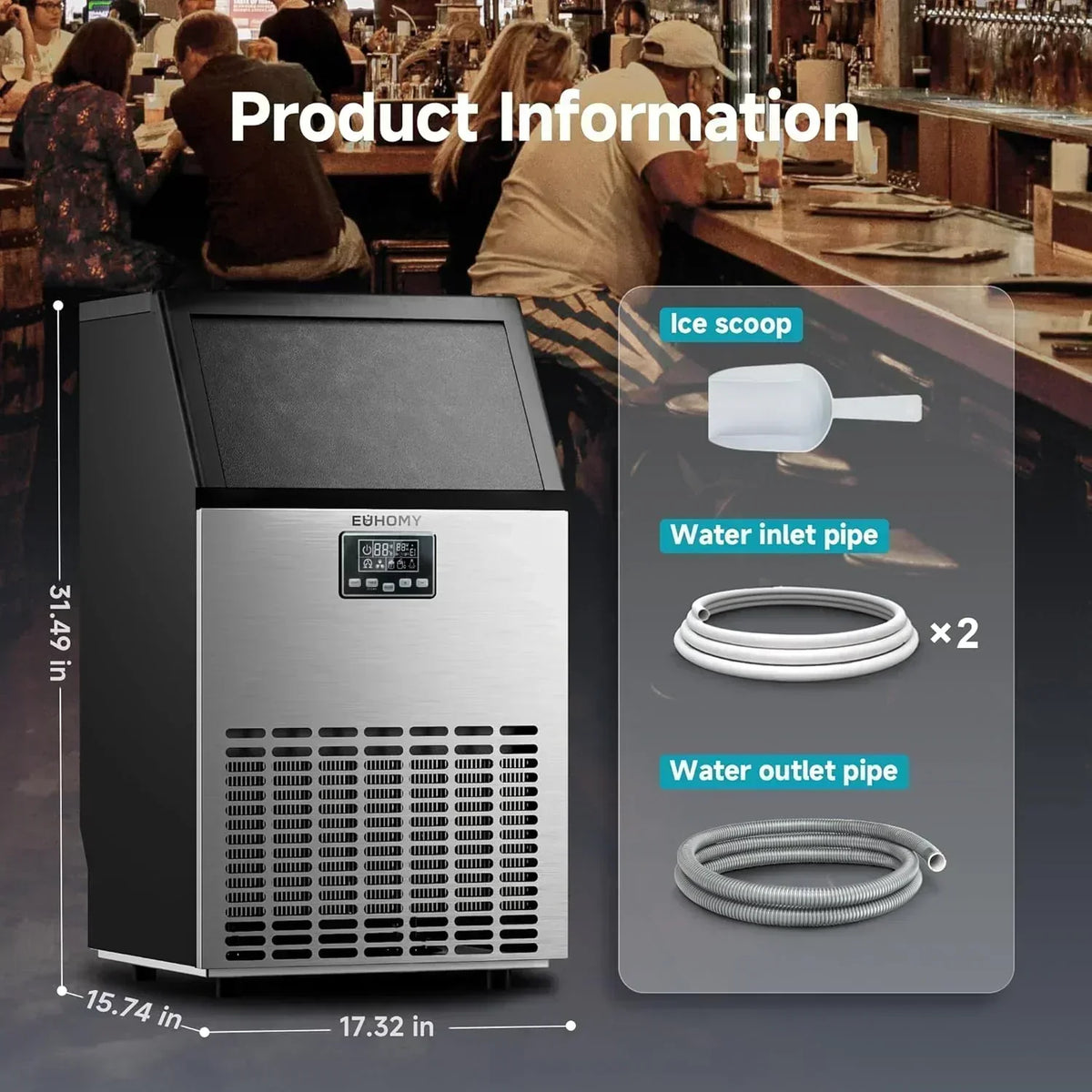 EUHOMY Commercial Ice Maker Machine 100lbs/24H Stainless Steel Under Counter ice Machine
