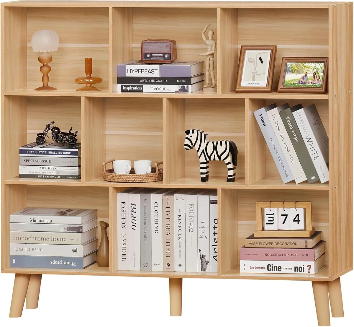 LEYAOYAO Wooden 7 Cube Book Shelf Natural Bookshelf Legs Modern Open Storage Organizer