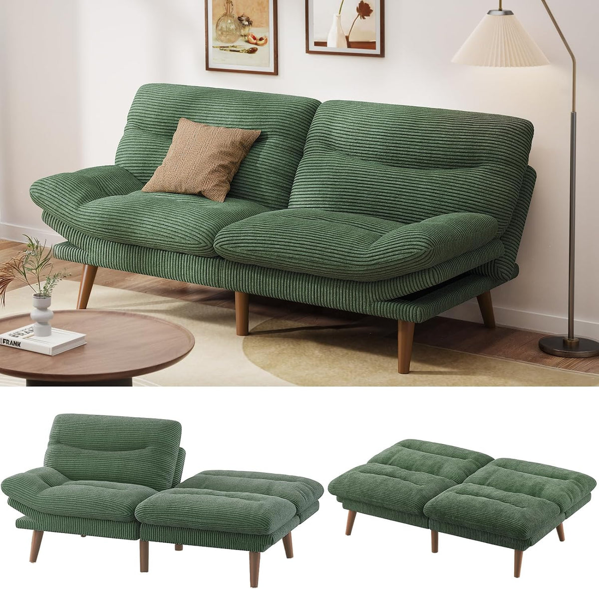 Convertible Futon Sofa Bed, 66 Inch Corduroy Futon Sofa Recliner Sofa Bed for Small Spaces, Playrooms or Offices