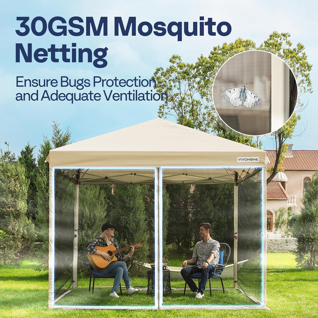 10x10ft Easy Pop-Up Canopy, Outdoor Screen Tent with Mosquito Netting, 2 Zipper Doors, and Roller Bag for Yard Camping Picnic Party Events, Beige