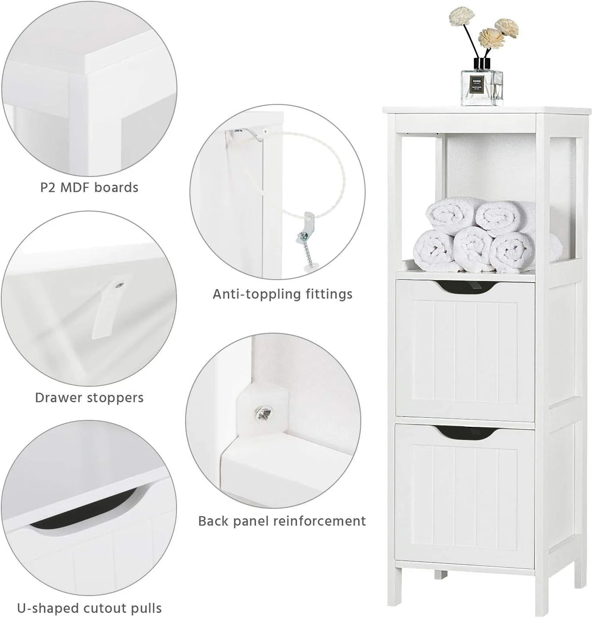 Bathroom Floor Cabinet, Wooden Storage Cabinet with 2 Drawers, Multifunctional Side Organizer Rack Stand Table