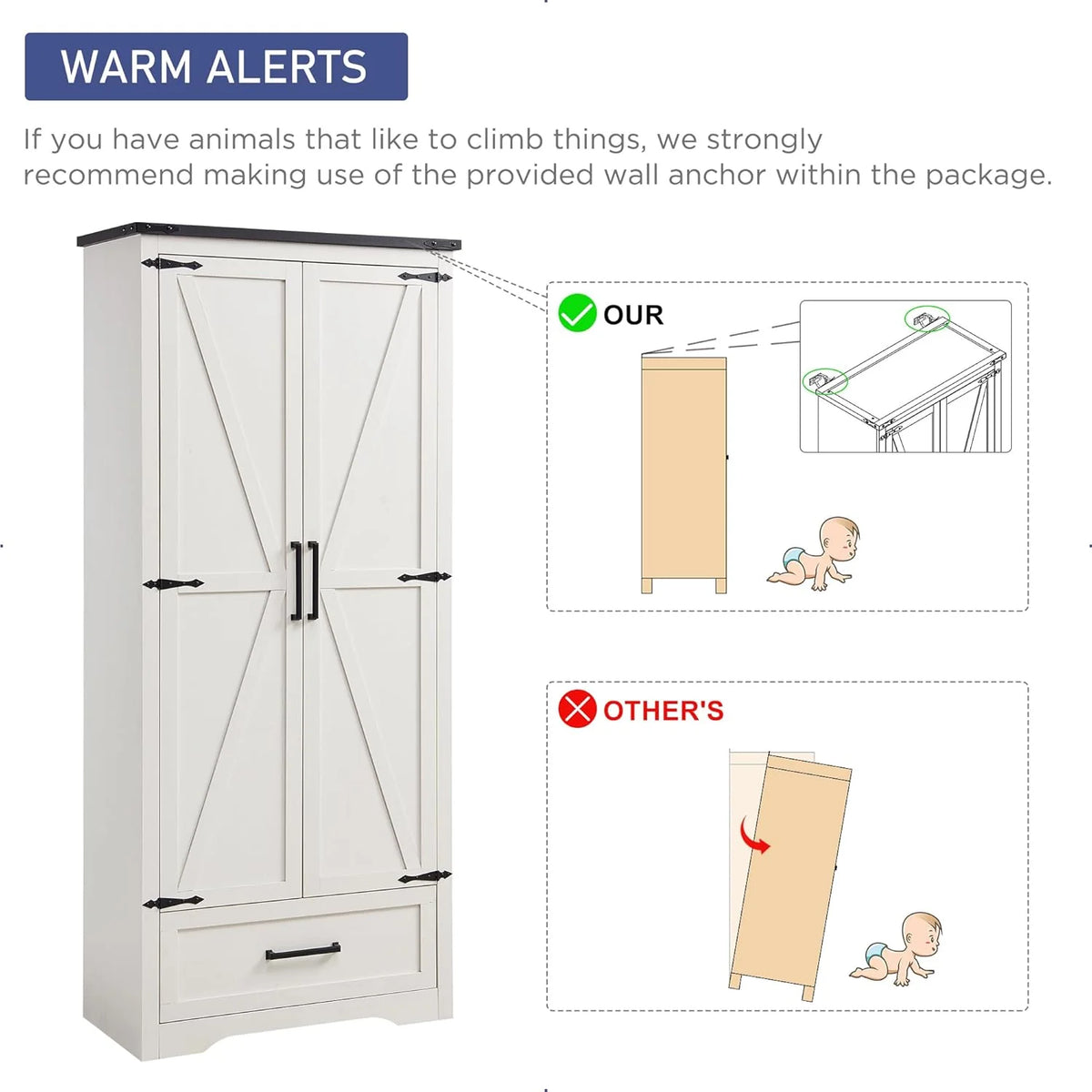 JXQTLINGMU Farmhouse Kitchen Pantry - 72 Tall Wood Kitchen Storage Cabinet with Adjustable Shelves and 2 Barn-Style Doors and Drawers