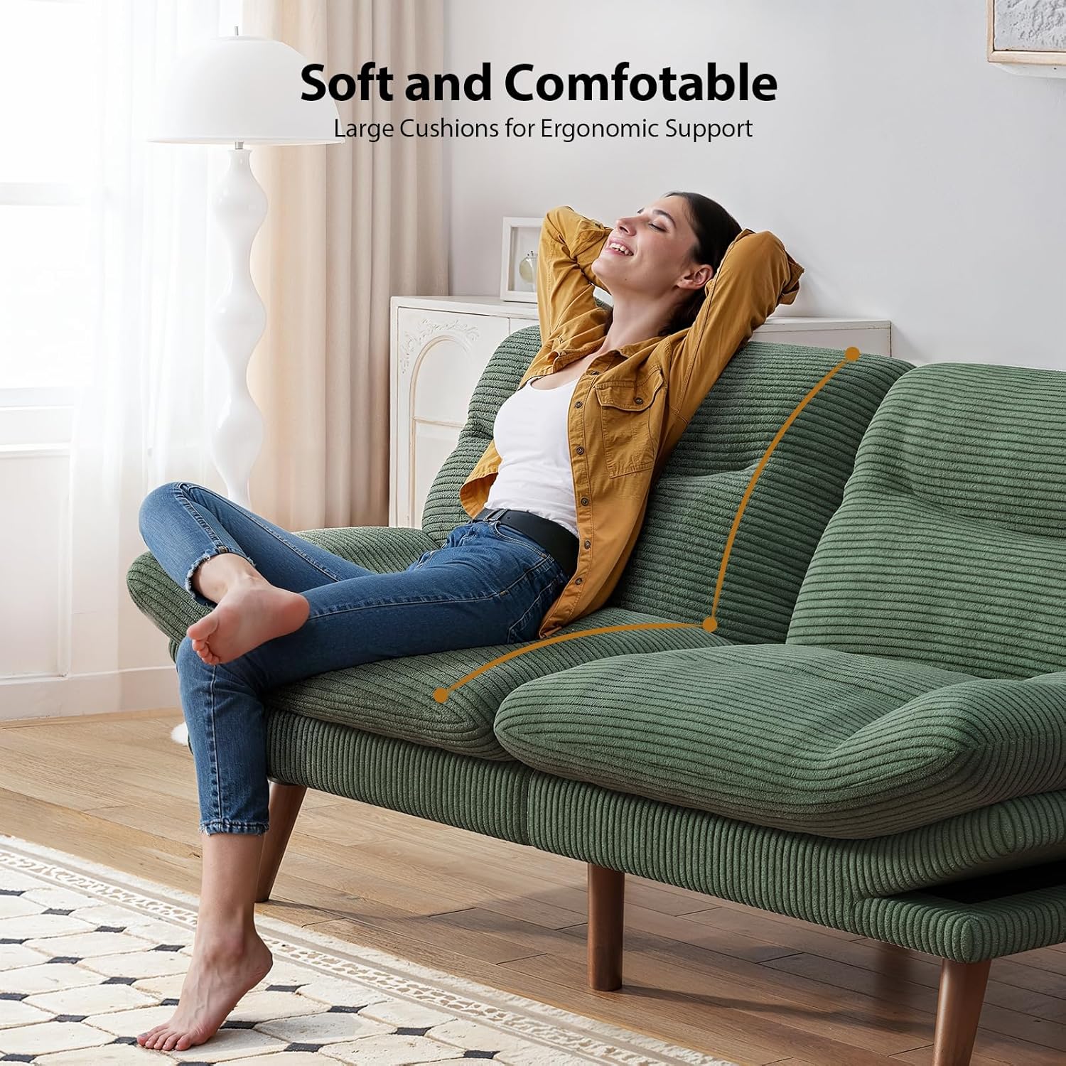 Pipishell Convertible Futon Sofa Bed,66 Corduroy Futon Couch with Adjustable Backrest and Armrests, Recliner Sleeper Sofa for Small Spaces, Play Room or Office, Grey