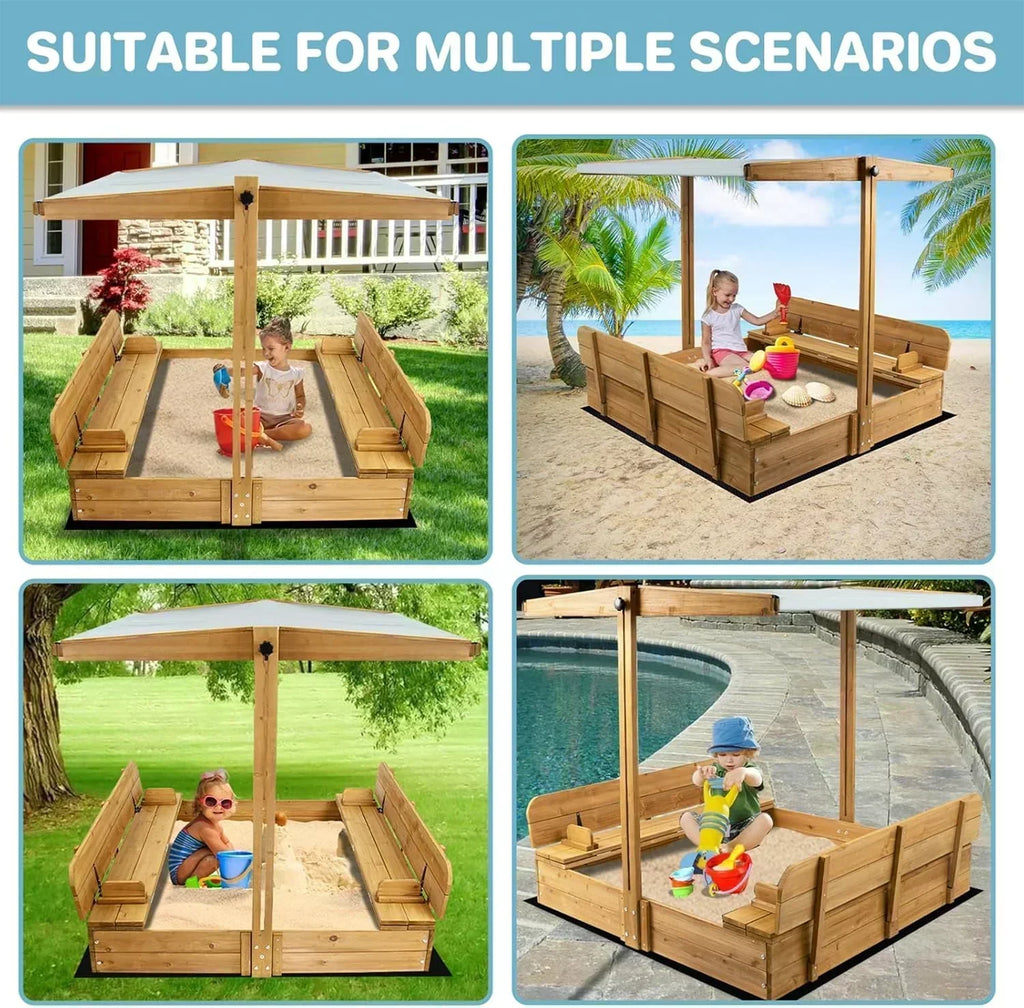 Kids Sandbox with Lid Wooden Sand Box Cover Outdoor UV-Protection Natural Wood Foldable Bench Seat